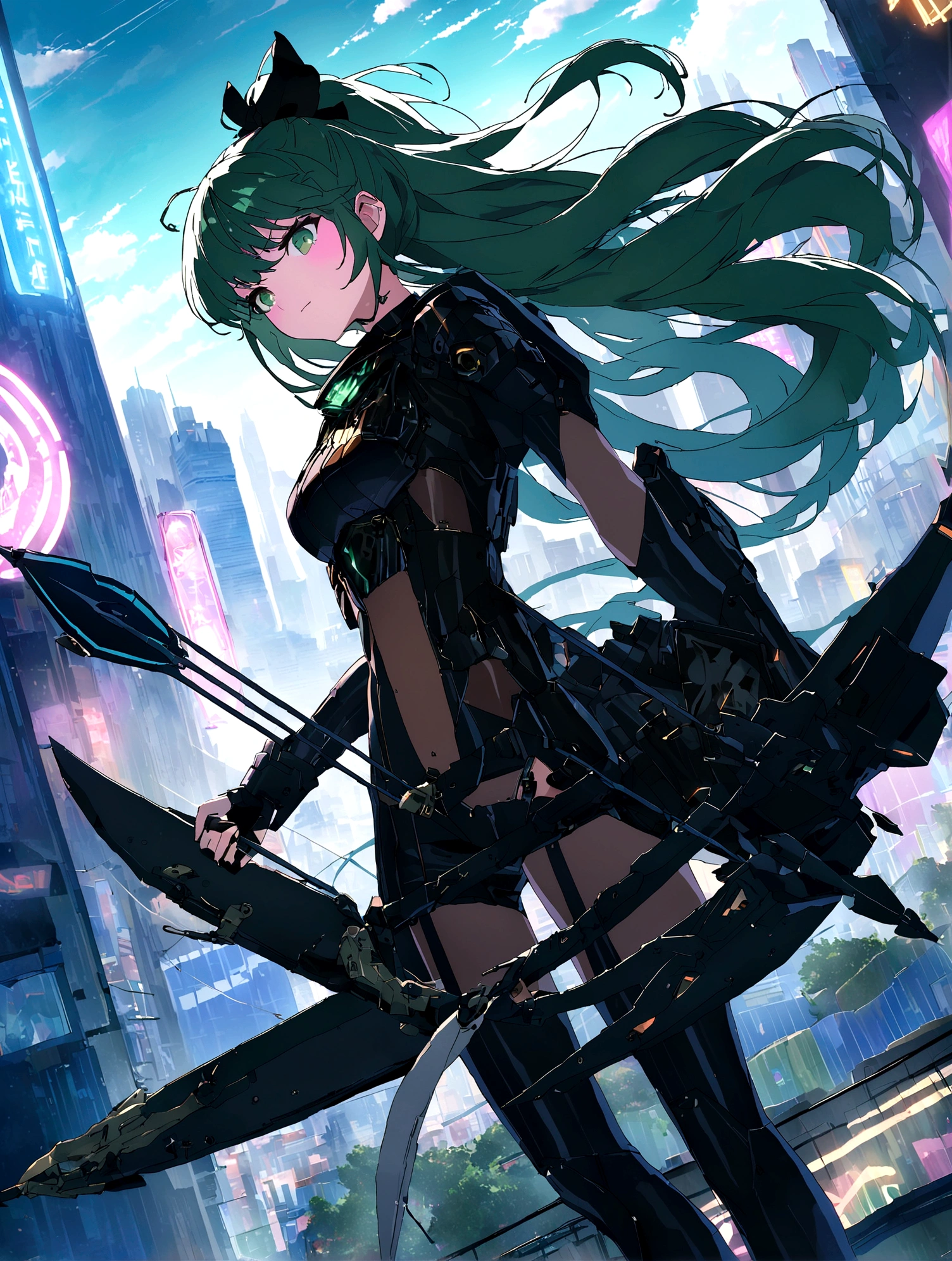 An anime girl with flowing emerald green hair,She's dressed in sleek black mech gear,In the background of the futuristic cyberpunk city。She was armed with a bow and arrow,A determined expression,Surrounded by neon lights、Cityscape with vivid colors and dramatic lighting,The overall style is full of charm and energy。 (cyberpunk:1.3) (mecha aesthetic:1.2) (anime girl:1.4), (flowing emerald green hair:1.2), (sleek black mecha armor:1.2), (futuristic cyberpunk cityscape:1.3), (high-angle shot:1.2), (gripping bow and arrow:1.3), (determined expression:1.2), (neon lights:1.3), (vivid colors:1.2), (dramatic lighting:1.2), (Konachan-style:1.1), (4K wallpaper:1.2), (captivating energy:1.2)