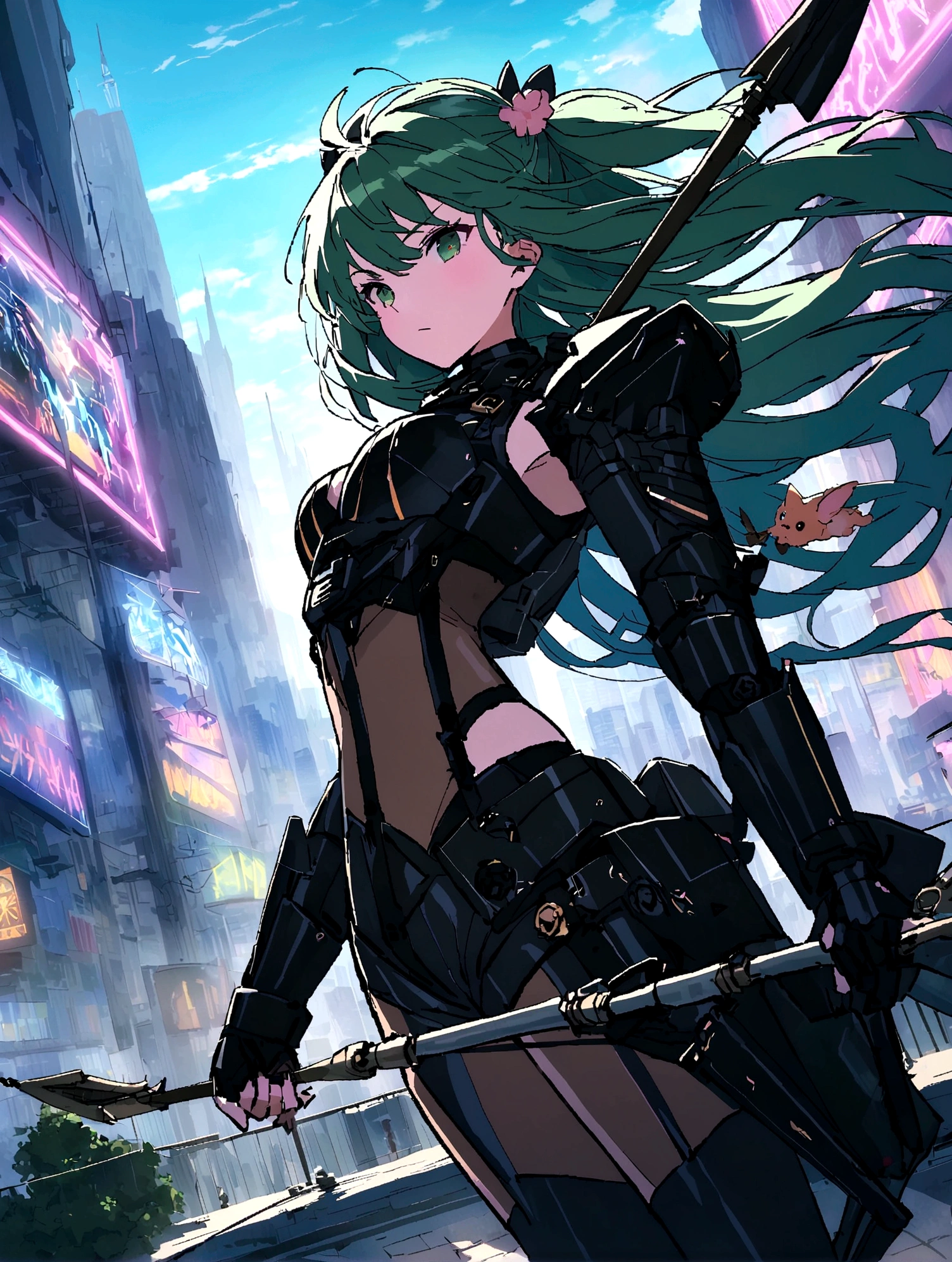 An anime girl with flowing emerald green hair,She's dressed in sleek black mech gear,In the background of the futuristic cyberpunk city。She was armed with a bow and arrow,A determined expression,Surrounded by neon lights、Cityscape with vivid colors and dramatic lighting,The overall style is full of charm and energy。 (cyberpunk:1.3) (mecha aesthetic:1.2) (anime girl:1.4), (flowing emerald green hair:1.2), (sleek black mecha armor:1.2), (futuristic cyberpunk cityscape:1.3), (high-angle shot:1.2), (gripping bow and arrow:1.3), (determined expression:1.2), (neon lights:1.3), (vivid colors:1.2), (dramatic lighting:1.2), (Konachan-style:1.1), (4K wallpaper:1.2), (captivating energy:1.2)