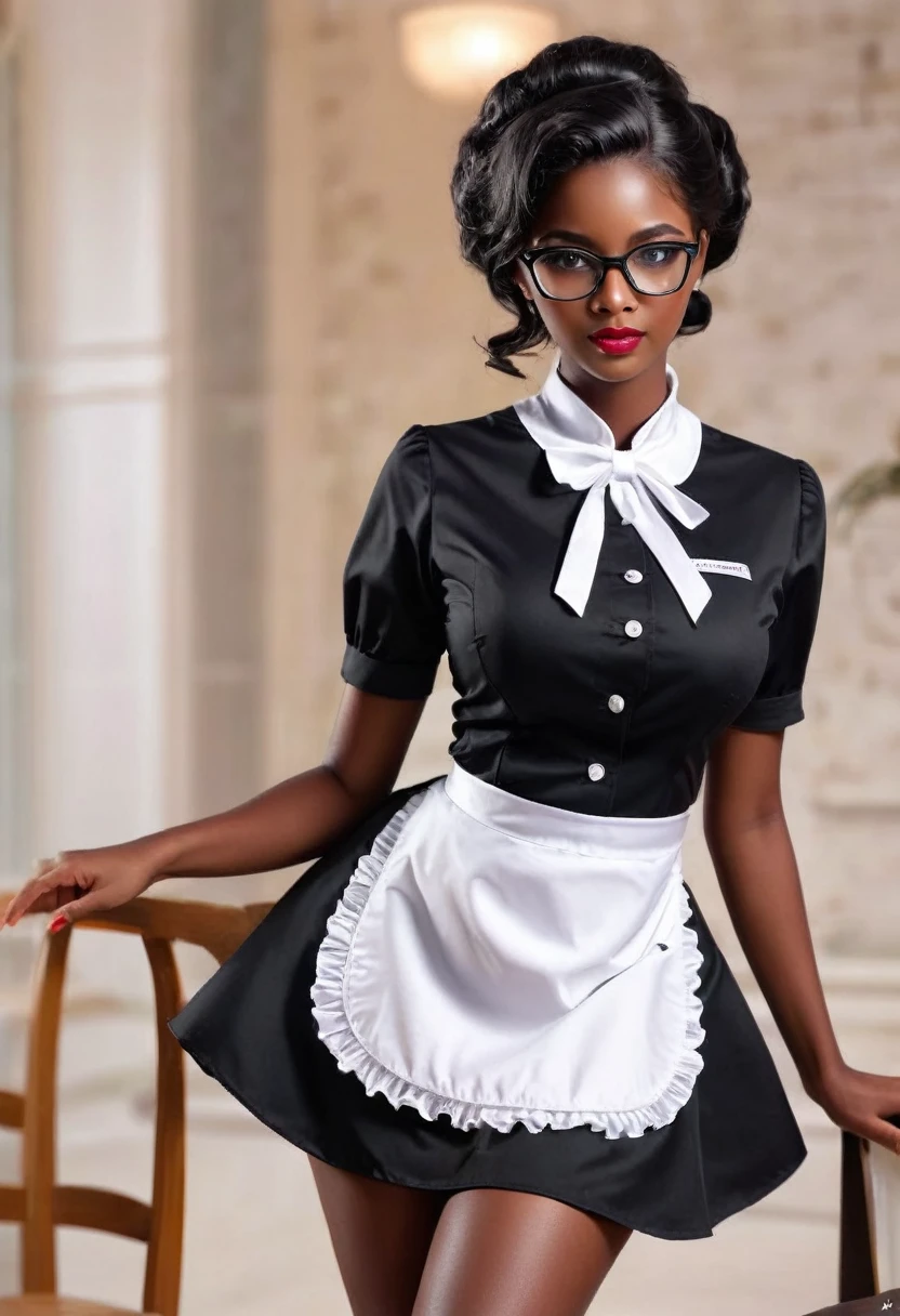 (masterpiece, best quality:1.2),wavy hair maid,Solitary,Wear glasses,Exquisite eyes,Delicate black hair,Charming eye shadow( Black person:1.2)( dark skin:1.2),african man,( Smooth skin:1.2)( Wear a maid uniform:1.2), Slender body proportions,Wet sexy plump lips,Long legs,Perfect fingers,High heel,( Back pose 1.2), (Rear view 1.2)