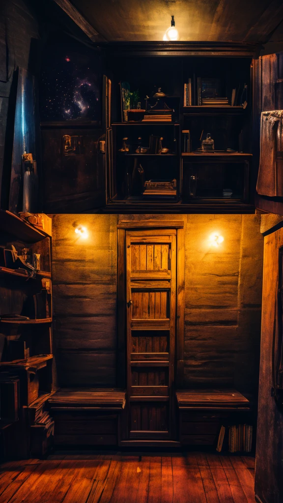an old cupboard, an open door, night pouring out of it, planets and nebulas lying on the floor