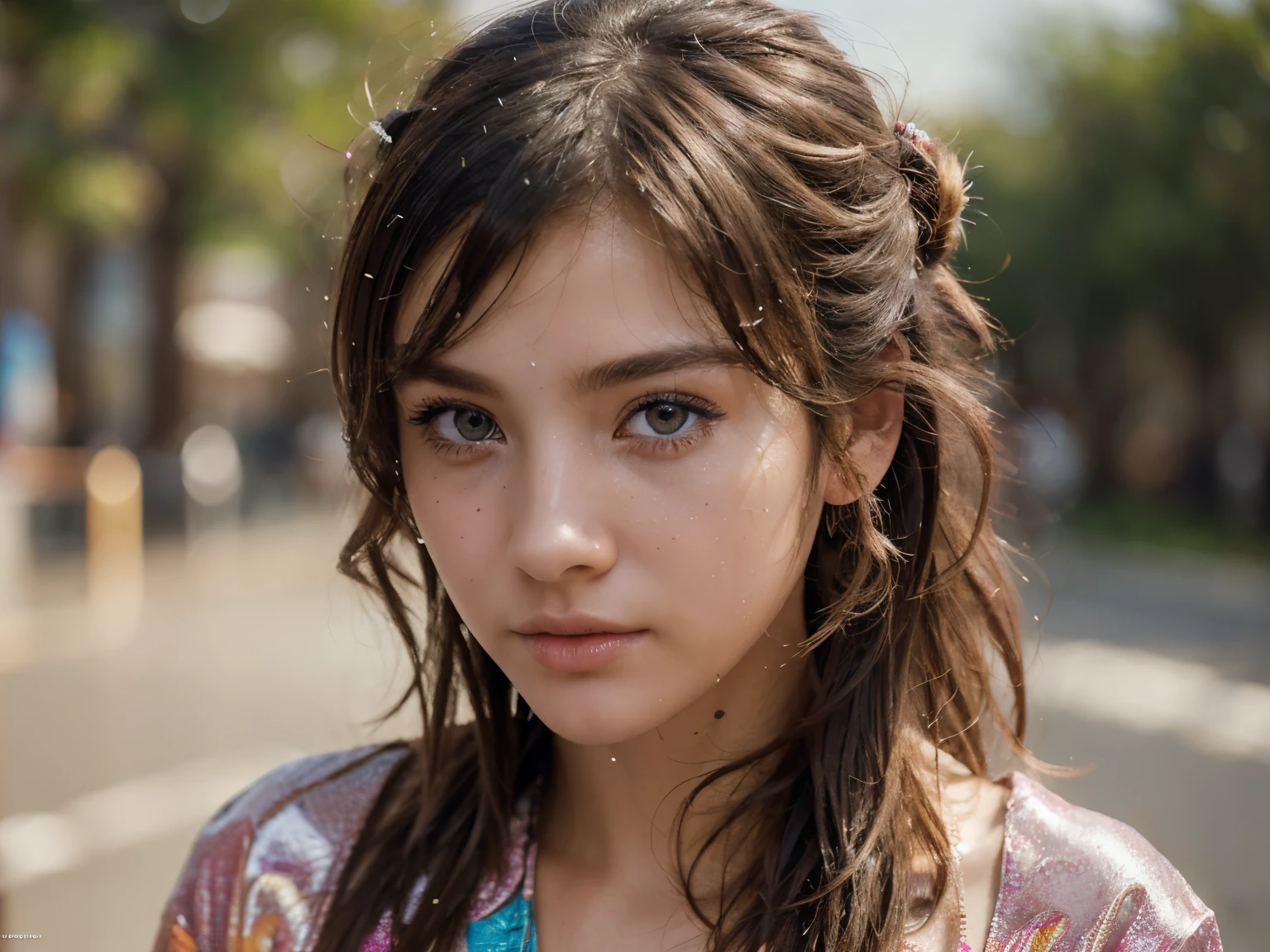 (masterpiece), (best quality), (ultra detailed),(messy hair),(illustration), (1boy,1girl), avatar, macro lens, (Fashionable clothing), standing,Fashion model, looking at viewer, ( interview), (simple background), beautiful detailed eyes, exquisite beauty, Floating, (high saturation), (colorful splashs), colorful bubble, (shining), focus on face,