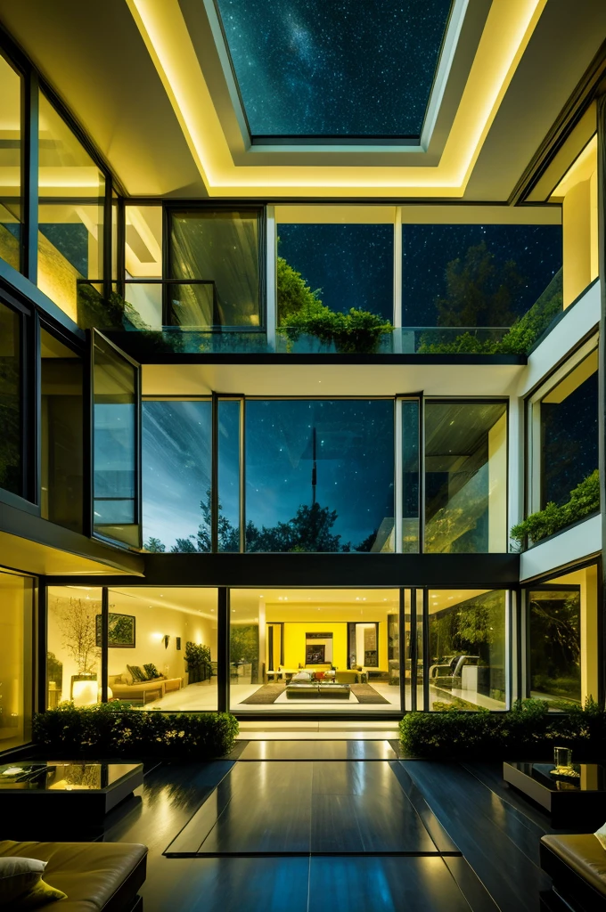 Landscape , house interior , drawing room scene  , ultra detailed fantasy,galaxy design sky visible out side of the window , futuristic alien technology house design, sofhesticated design , luxury design  , greenry outside of the house , large  glass window  , dim yellow light glowing everywhere in the room   ,  realistic, behance hd, night time , master piece 