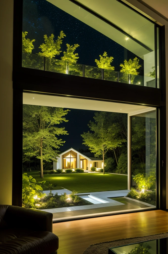 Landscape , house interior , drawing room scene , ultra detailed fantasy,galaxy design sky visible out side of the window , futuristic alien technology house design, sofhesticated design , luxury design , greenry outside of the house , large glass window , dim yellow light glowing everywhere in the room , realistic, behance hd, night time , master piece