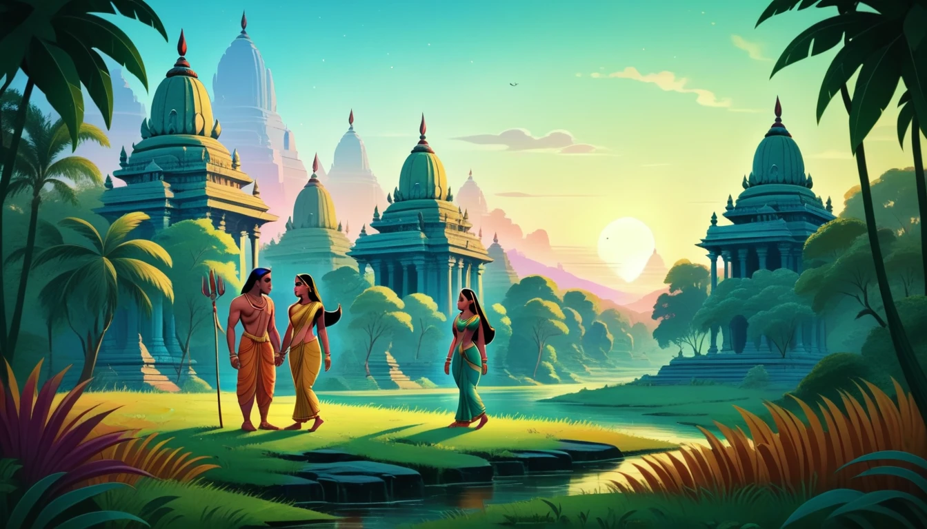 Epic panoramic scene of Rama and Sita in a lush, mythical Indian landscape, stylized animation, vibrant colors, ancient temples in background, cinematic lighting