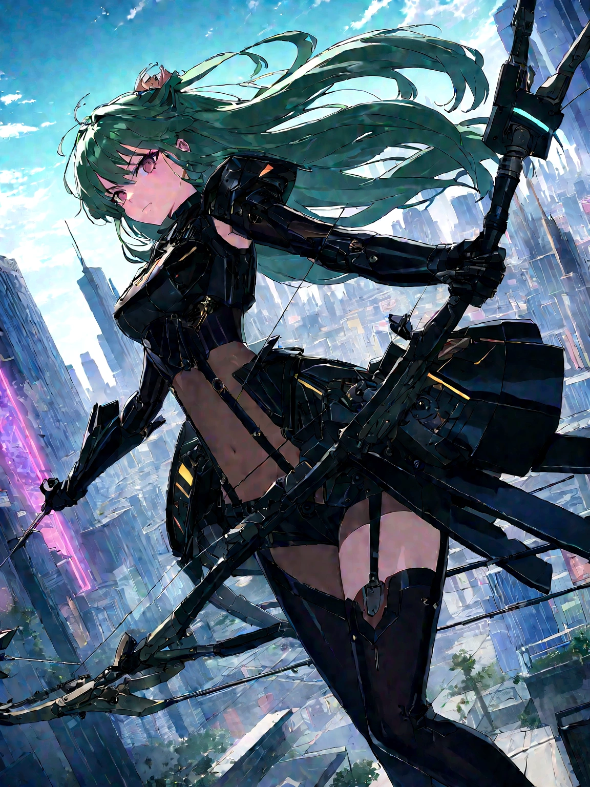 An anime girl with flowing emerald green hair,She's dressed in sleek black mech gear,In the background of the futuristic cyberpunk city。She was armed with a bow and arrow,A determined expression,Surrounded by neon lights、Cityscape with vivid colors and dramatic lighting,The overall style is full of charm and energy。 (cyberpunk:1.3) (mecha aesthetic:1.2) (anime girl:1.4), (flowing emerald green hair:1.2), (sleek black mecha armor:1.2), (futuristic cyberpunk cityscape:1.3), (high-angle shot:1.2), (gripping bow and arrow:1.3), (determined expression:1.2), (neon lights:1.3), (vivid colors:1.2), (dramatic lighting:1.2), (Konachan-style:1.1), (4K wallpaper:1.2), (captivating energy:1.2)