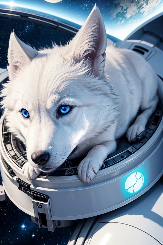 blue eyed white wolf puppy on space ship