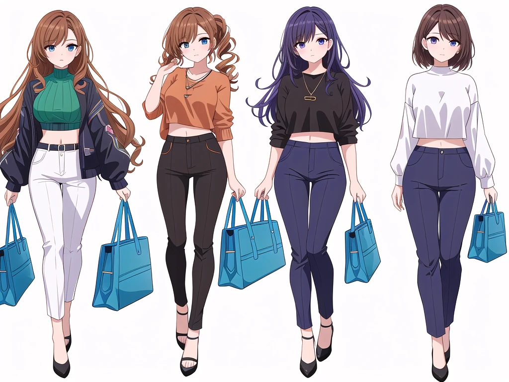 (((Best Quality))) , ((full body)), 4 lady, adult woman, multiple views, (((white background,))) variety of hairstyles, variety of fashion styles, seductive pose, fashionable and trendy atmosphere, holding bag, walk pose, dark blue/dark orange/dark green/dark violet/brown/white, short pants, crop top, k-pop,
