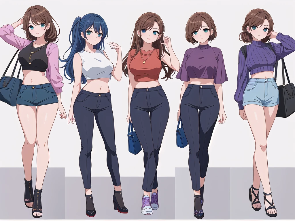 (((Best Quality))) , ((full body)), 4 lady, adult woman, multiple views, (((white background,))) variety of hairstyles, variety of fashion styles, seductive pose, fashionable and trendy atmosphere, holding bag, walk pose, dark blue/dark orange/dark green/dark violet/brown/white, short pants, crop top, k-pop,
