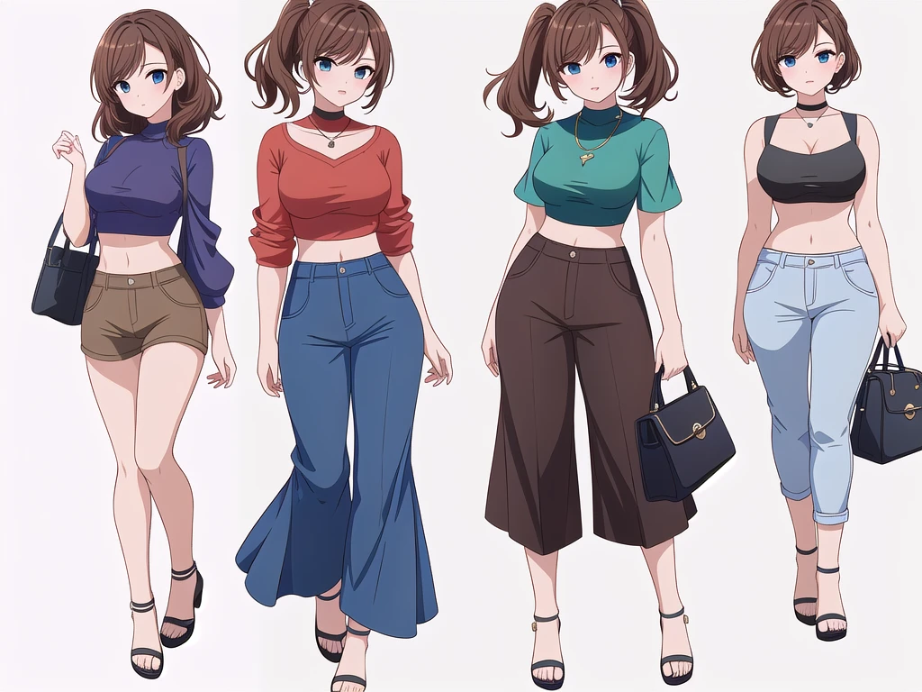 (((Best Quality))) , ((full body)), 4 lady, adult woman, multiple views, (((white background,))) variety of hairstyles, variety of fashion styles, seductive pose, fashionable and trendy atmosphere, holding bag, walk pose, dark blue/dark orange/dark green/dark violet/brown/white, short pants, crop top, k-pop,
