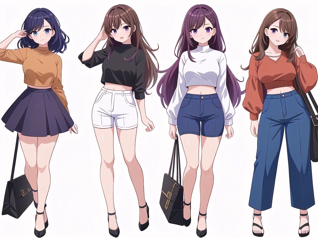 (((Best Quality))) , ((full body)), 4 lady, adult woman, multiple views, (((white background,))) variety of hairstyles, variety of fashion styles, seductive pose, fashionable and trendy atmosphere, holding bag, walk pose, dark blue/dark orange/dark green/dark violet/brown/white, short pants, crop top, k-pop,
