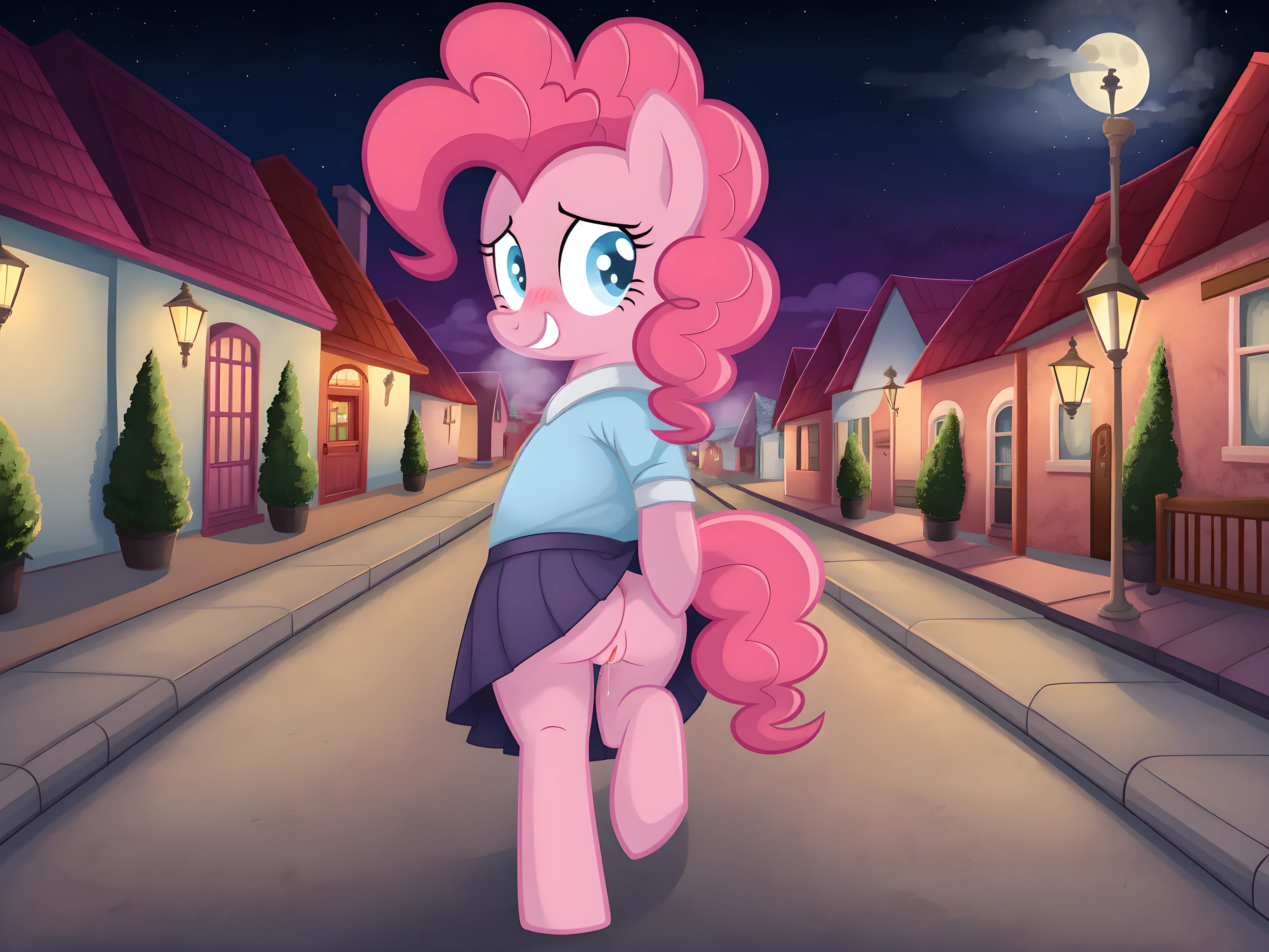 Pinkie pie, pony, walking, butt, skirt, pussy, pussy juice, buttplug, looking at the viewer, smirk, seductive, blush, in the village, in public, everyone walking around, evening, street lamps, foggy, moon, clouds