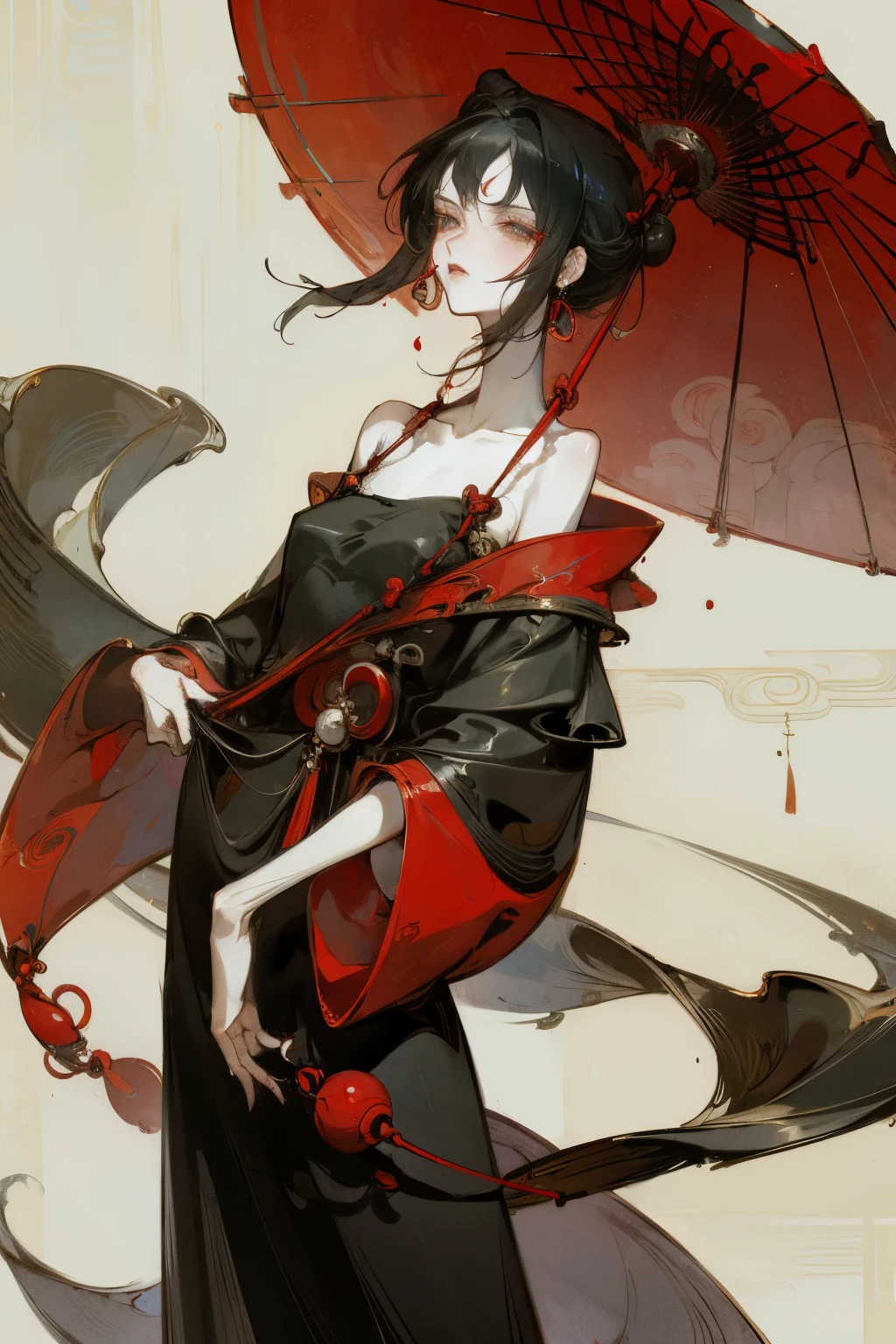 best quality, materpiece, detailed eyes, woman, ancient china, asian, prominent collarbones, black hair, red iris, wearing a hanfu, temple background, dreamy, mysterious, gloomy, dark, very skinny body, elegant