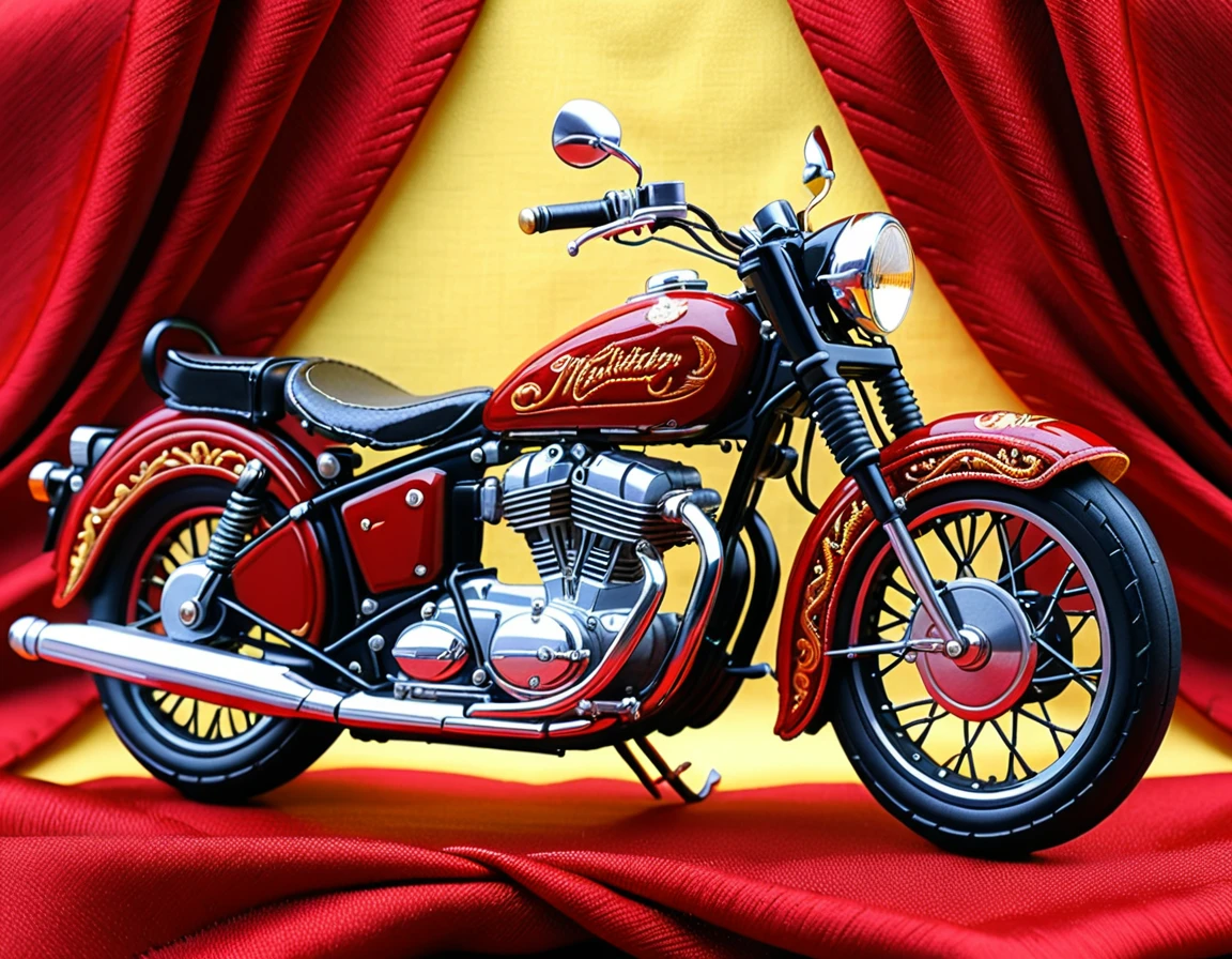 an (embroidery art: 1.5) of a vintage masterwork motorcycle, dark red motorcycle,  best details, best quality, 16k, [ultra detailed], masterpiece, best quality, (extremely detailed), dynamic angle