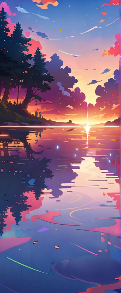 official art, unified 8k wallpaper, super detailed, masterpiece, Best image quality,super wide angle,evening,a woman,Standing in the pond,water is like a mirror,reflecting the sky。look up to the sky,Colorful sunset,Dynamic angle, grace, bright colors,