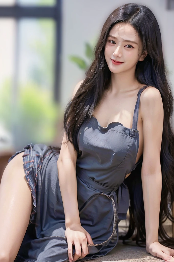 raw photo, best quality, photorealistic, masterpiece, Leah Dion, wavy long hair, black hair, just apron, large breast, cleavage, ass, buttocks, beautifull face, smile, fullbody view, from bellow, kitchen, detailed skin, pore, detailed background, finely detailed, dslr
