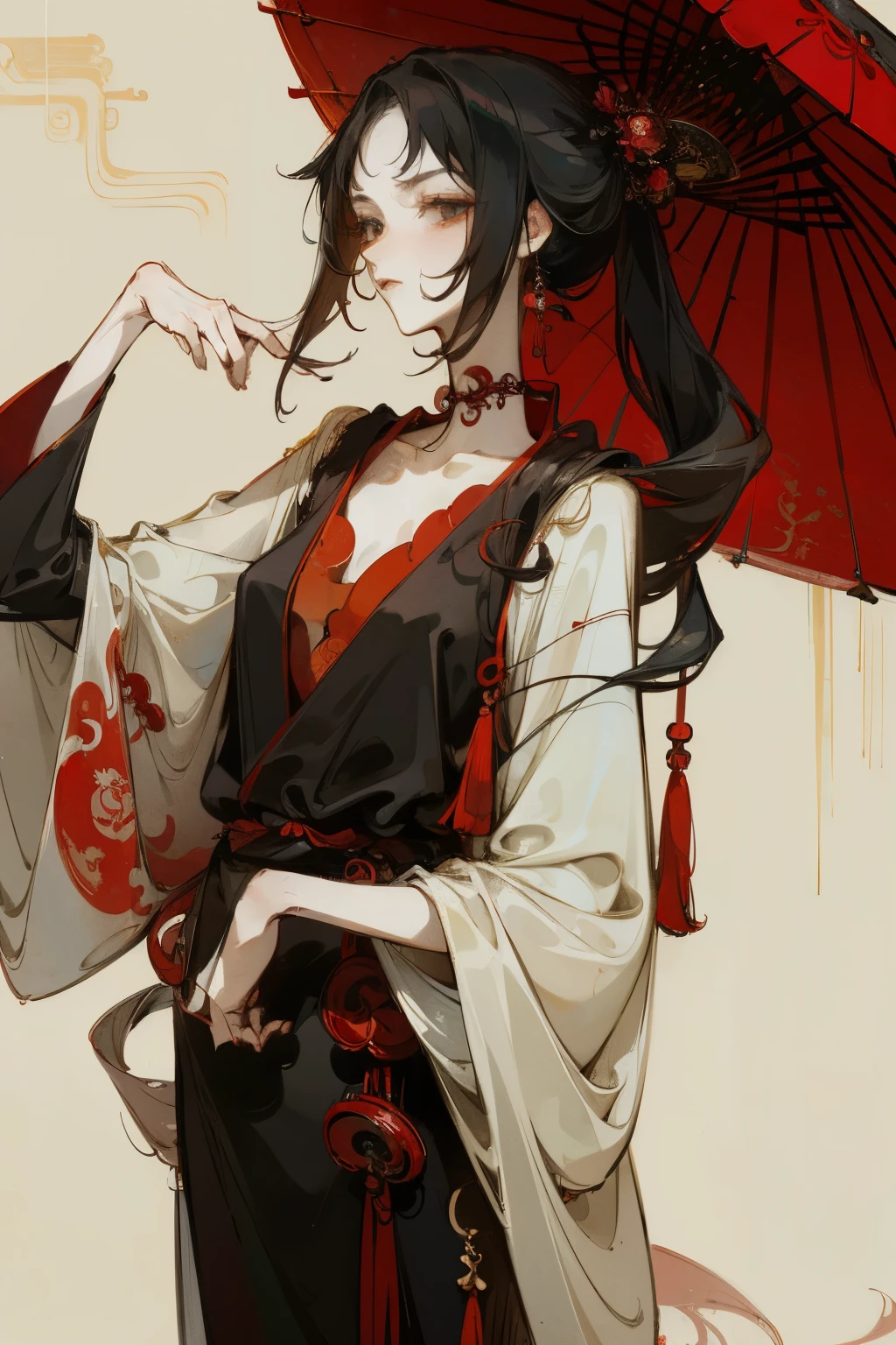 best quality, materpiece, detailed eyes, woman, ancient china, asian, prominent collarbones, black hair, red iris, wearing a hanfu, temple background, dreamy, mysterious, gloomy, dark, very skinny body, elegant