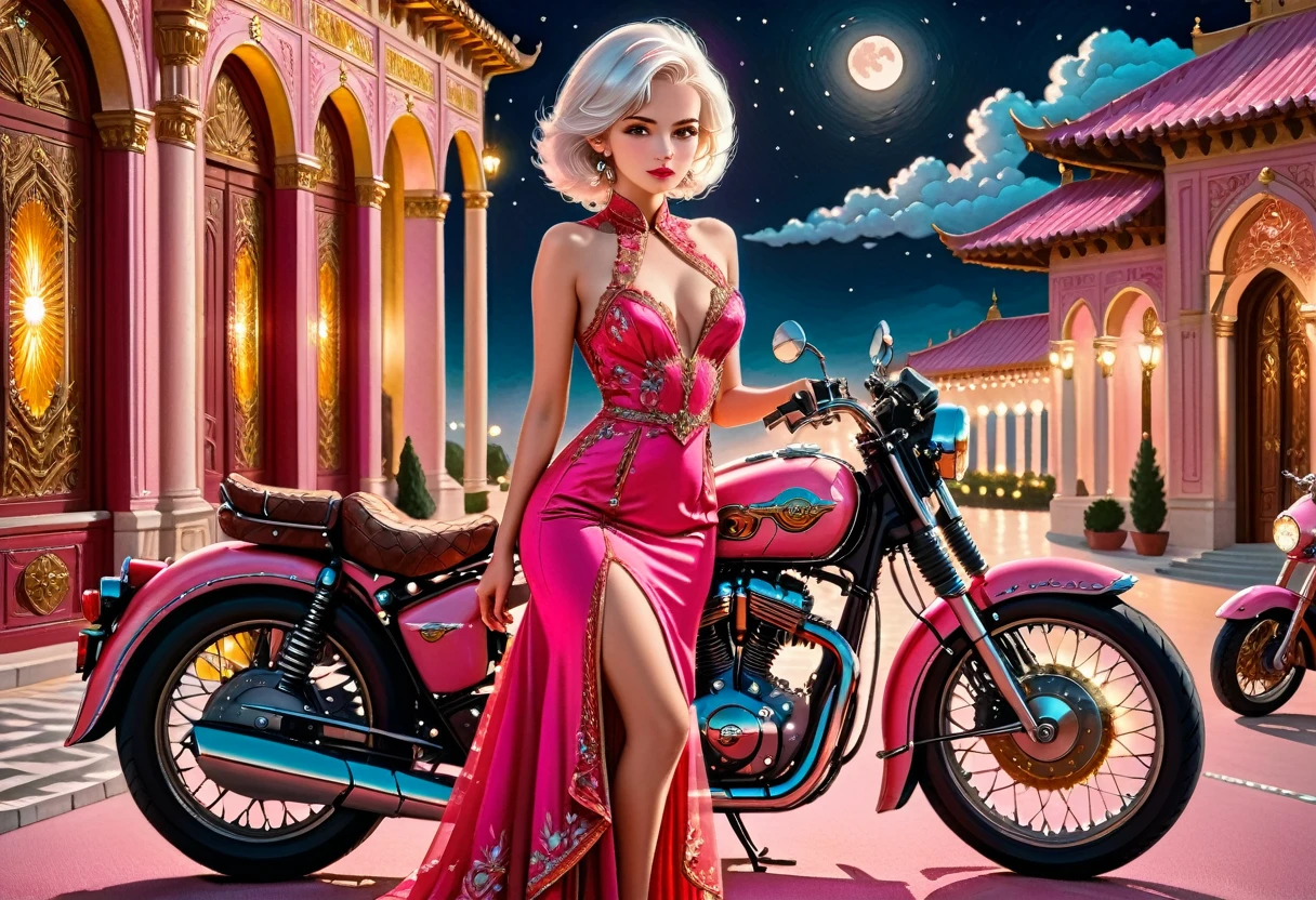 an (embroidery picture: 1.5) of an exquisite woman standing near her legendary vintage (pink motorcycle: 1.3), a glam beautiful, woman, medium hair cut, (white hair: 1.2), intense gaze, elegant intricate dress, (red dress: 1.1), standing near her epic vintage (pink motorcycle: 1.3), it is night time, moon light, some clouds, there is an entrance to torch lit entrance to a palace in the background, ral-embroideredpatch, best details, best quality, 16k, [ultra detailed], masterpiece, best quality, (extremely detailed), dynamic angle, full body shot, Cinematic Hollywood Film, intense gaze