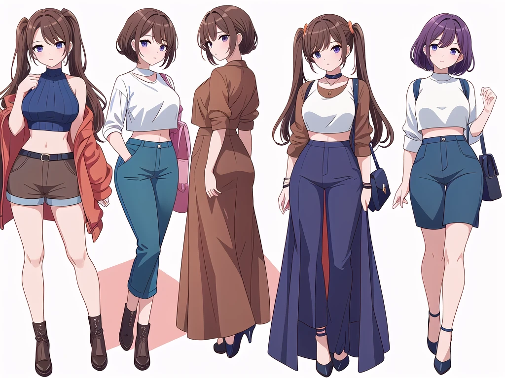 (((Best Quality))) , ((full body)), 4 lady, adult woman, multiple views, (((white background,))) variety of hairstyles, variety of fashion styles, seductive pose, fashionable and trendy atmosphere, holding bag, walk pose, dark blue/dark orange/dark green/dark violet/brown/white, short pants, crop top, k-pop,