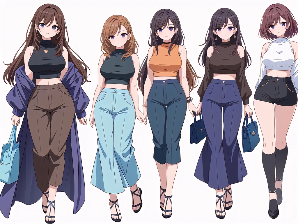 (((Best Quality))) , ((full body)), 4 lady, adult woman, multiple views, (((white background,))) variety of hairstyles, variety of fashion styles, seductive pose, fashionable and trendy atmosphere, holding bag, walk pose, dark blue/dark orange/dark green/dark violet/brown/white, short pants, crop top, k-pop,
