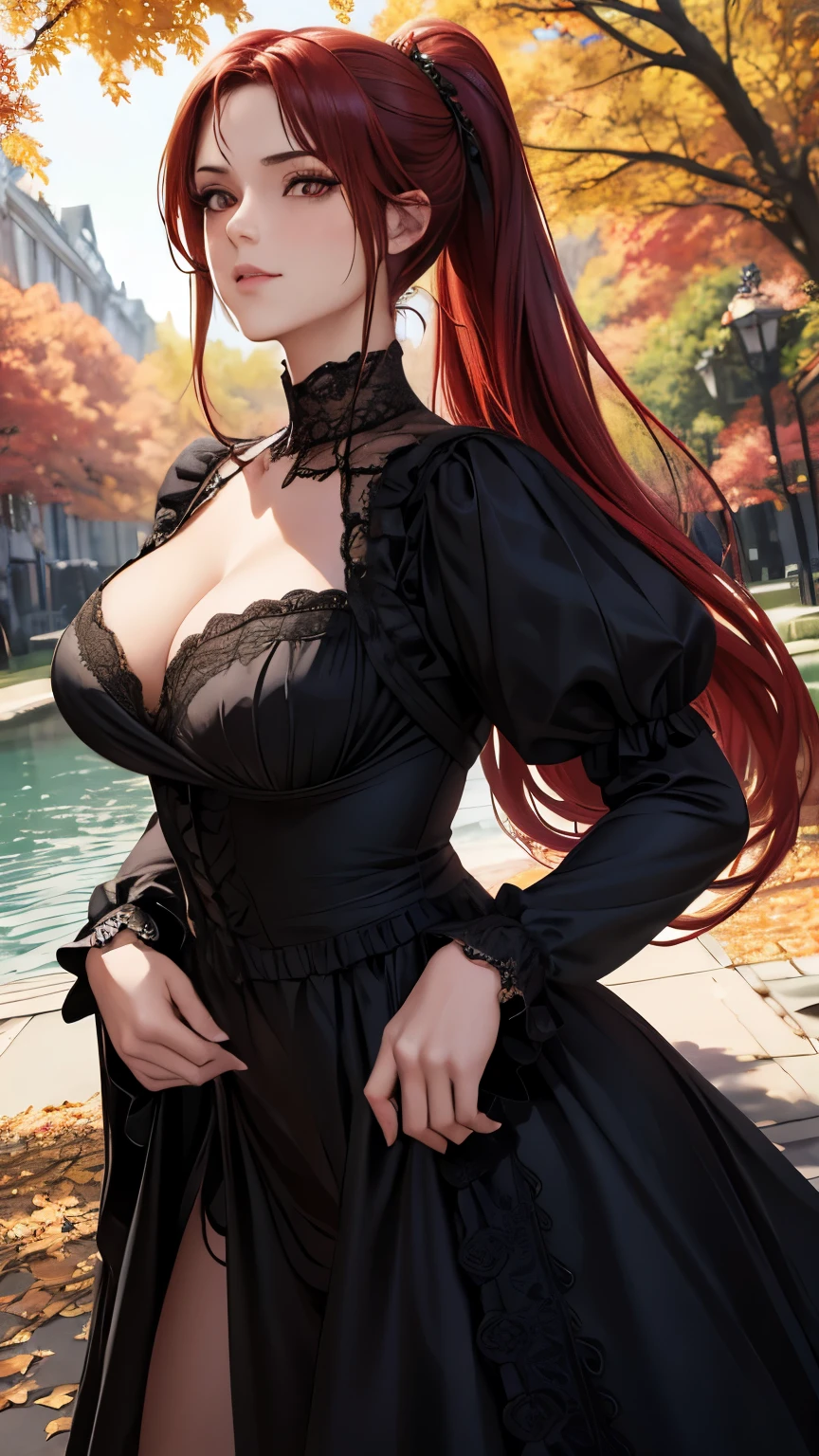 red eyes, (highest quality, masterpiece painting:1.3), immature woman, , (half body shot), masterpiece, ultra high resolution, (Photoreal:1.0), red hair, ponytail,straight hair, beautiful shining hair, white and shining skin, ((Ultra realistic details)), octane rendering, highly detailed face, (big breasts:0.8), She wears stunning costumes inspired by Belle Époque style, flowing black dress decorated with lace and ribbons, (clothing: black belle époque dress with lace and ribbons),cleavage, perfect body, soft skin, anime face, perfect face, perfect eyes, looking at the viewer, smart, Under autumn leaves tree background, Autumn leaf petals are falling, outdoors,shrine, sharp focus, intricate details, professional artwork, (bright colors:1.1), bright colors, diffused lighting, digital blending, ultra-definition body, ultra detail hair, super detailed face, that'It's trending on pixiv, top button open, Cute gaze, compensate, perfect lips, perfect compensate, Ultra-precision coating, (light_smile:0.8), (Very embarrassed:1.2), blush your nose,