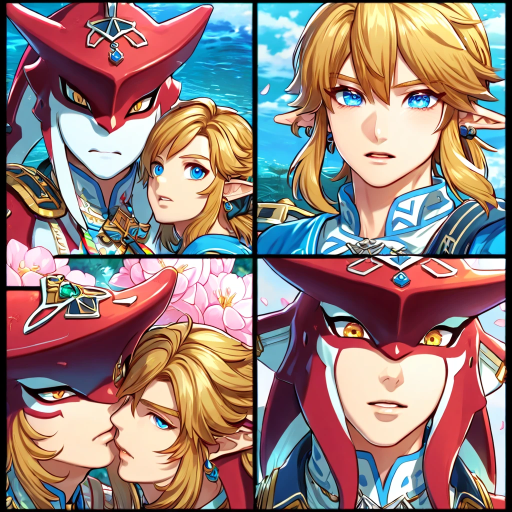 absurdres, highres, ultra detailed, HDR, master piece, best quality, perfect face, delicated features, red Zora, Sidon, expressive yellow eyes, The Legend Of Zelda Breath Of The Wild, Link, expressive blue eyes, blond hair, two sexy men together, blue tunic, gay couple, yaoi, handsome, pink blossoms, pink flowers, water, fantasy