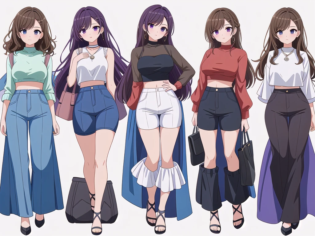 (((Best Quality))) , ((full body)), 4 lady, adult woman, multiple views, (((white background,))) variety of hairstyles, variety of fashion styles, seductive pose, fashionable and trendy atmosphere, holding bag, walk pose, dark blue/dark orange/dark green/dark violet/brown/white, short pants, crop top, k-pop,