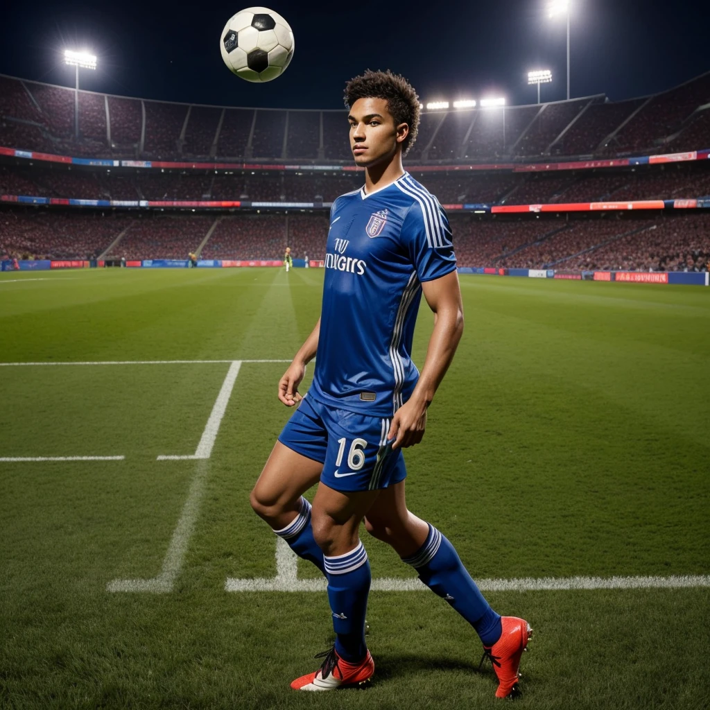 Create an image of a full-body soccer player on the field. The player should have a medium skin tone, medium-length male hair, be 1.75 meters tall, and weigh 65 kilograms.