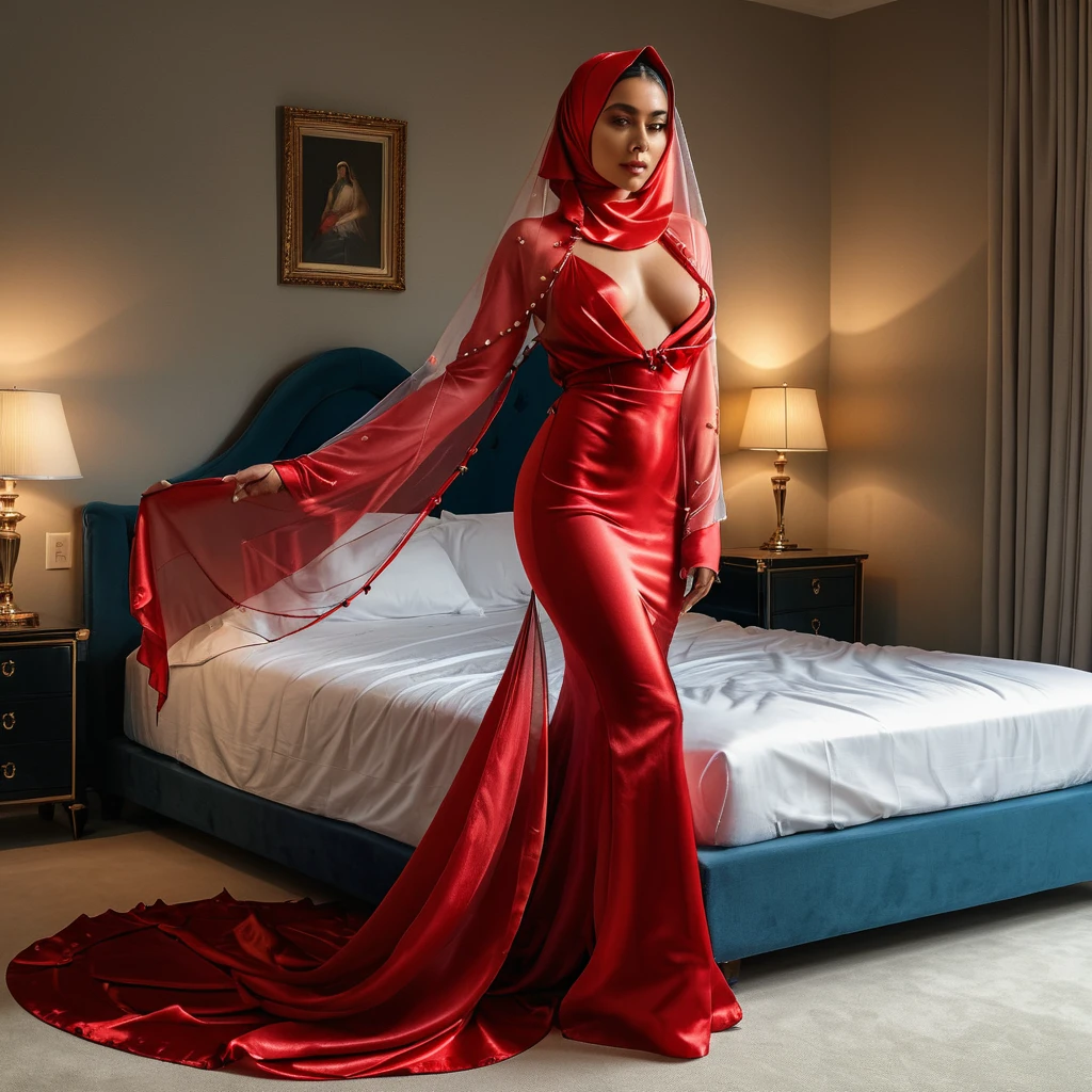 a woman in the translucent silk red gown, tight full body tied, satin sheet, nipple on with nipple piercing, wearing translucent veils, face cover with satin veil, satin hijab, full body, long satin,mermaid tight long gown, flowy dramatic long gown, tall women, gown tight in knees, strugle to walk, wear high heels, sexy pose in bed, masterpice