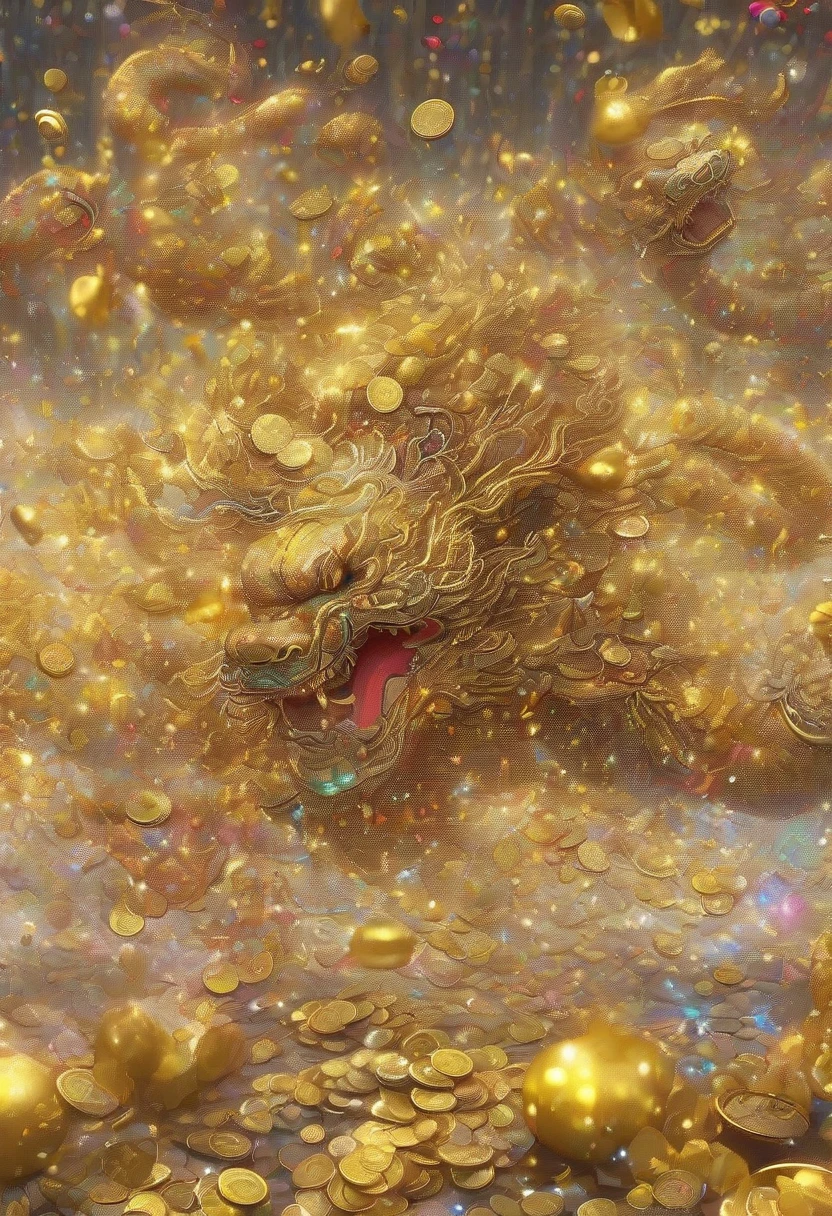 New Year has arrived，Baby Oriental Dragon，spit out lots of gold coins，Big hairy head，Show your hand，It is very nice。Gold coins and golden confetti rain，Red confetti，Strong atmosphere，Stupid cute，Hairy little legs。oh...There are a lot of gold coins in the air。Symmetric。Good luck
