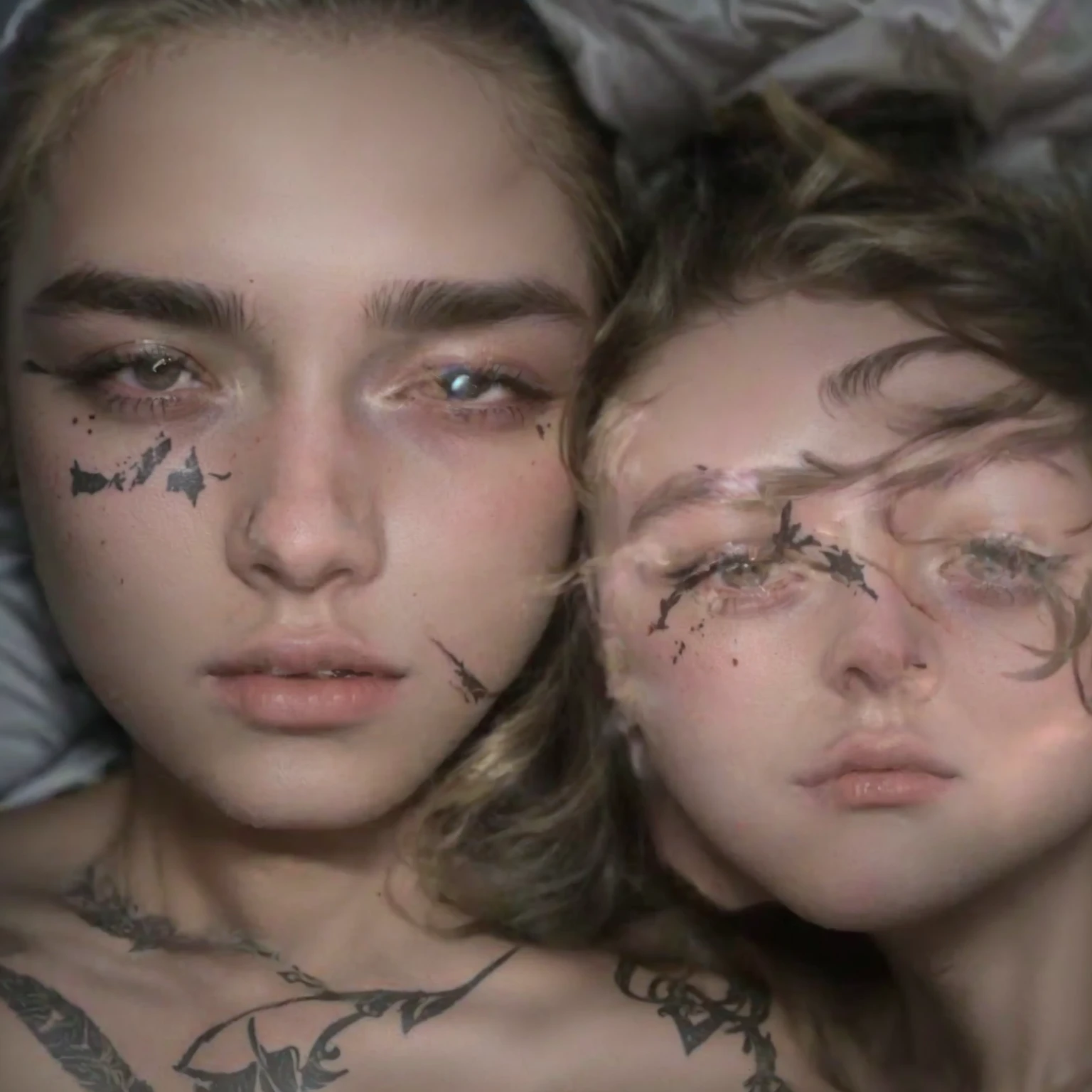 there are two people who are lying together with tattoos on their faces, face like being exposed, In the style of Petra Collins, Petra Collins y MC. Escher, looks like a mixture of dirt, ultra realistic portrait, looks like a mixture of dirt, inspired by Nan Goldin, In the style of Nan Goldin, Ultra realistic faces, petra collins