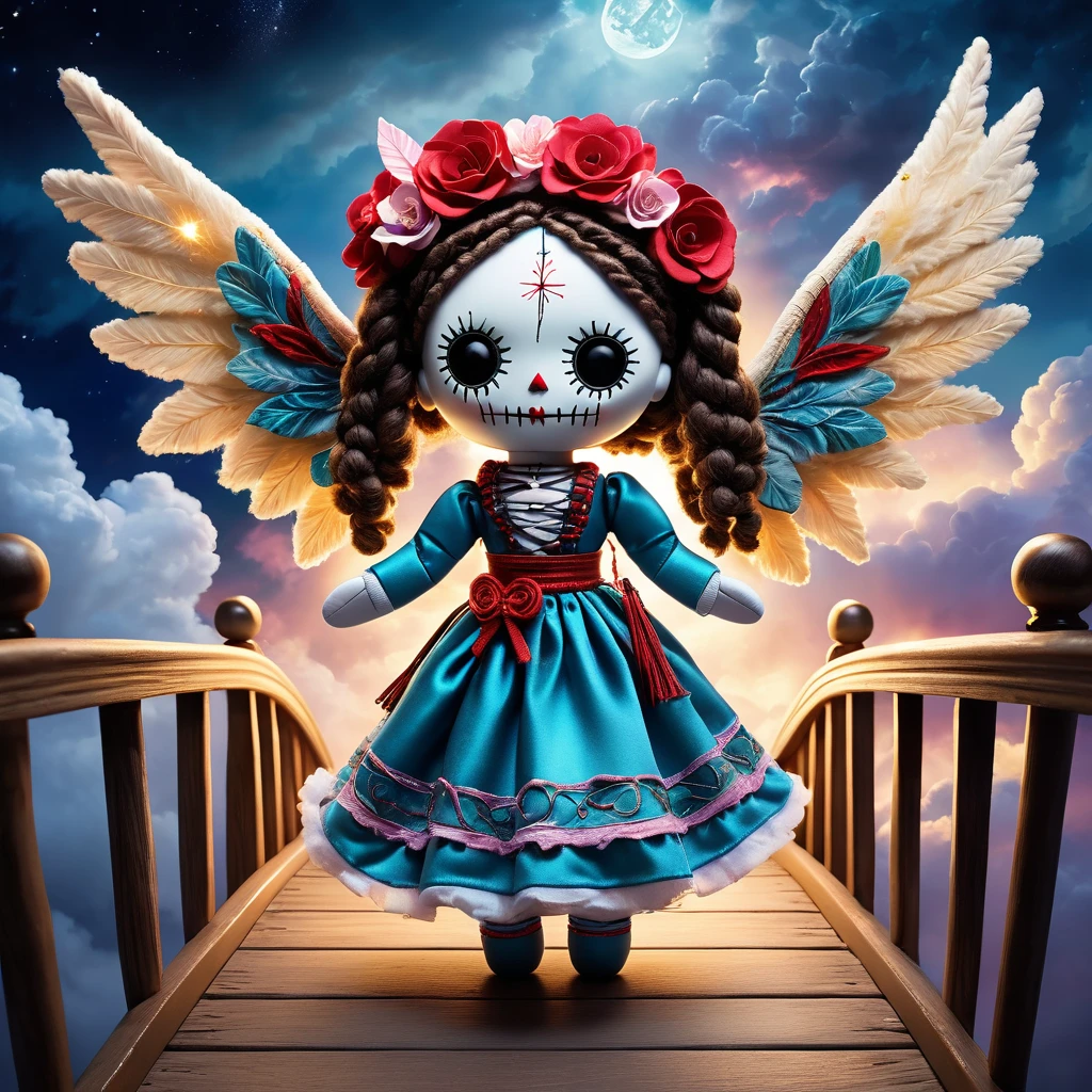 (knitted toy voodoo doll:1.5), (Voodoo Doll on a Heavenly Bridge:1.3), (Clothing: celestial attire with cloud patterns:1.0), (Accessories: enchanted harp emitting soothing melodies, floating angelic wings:1.1), (background: ethereal bridge in the sky with shimmering clouds, radiant light, and heavenly aura:1.2), best quality, masterpiece, detailed soft oil painting, detailed background, dramatic cinematic lighting, soft edge lighting, professional, dramatic lighting, hard edge lighting,
ultra quality, 4k,masterpiece, best quality, 8k, ultra highres, highres, extremely detailed