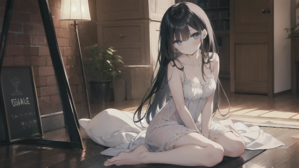 a female, big sad eyes, pale skin, wearing a white nightgown, very skinny, long black hair, sitting on the ground, detailed eyes, prominent collarbones