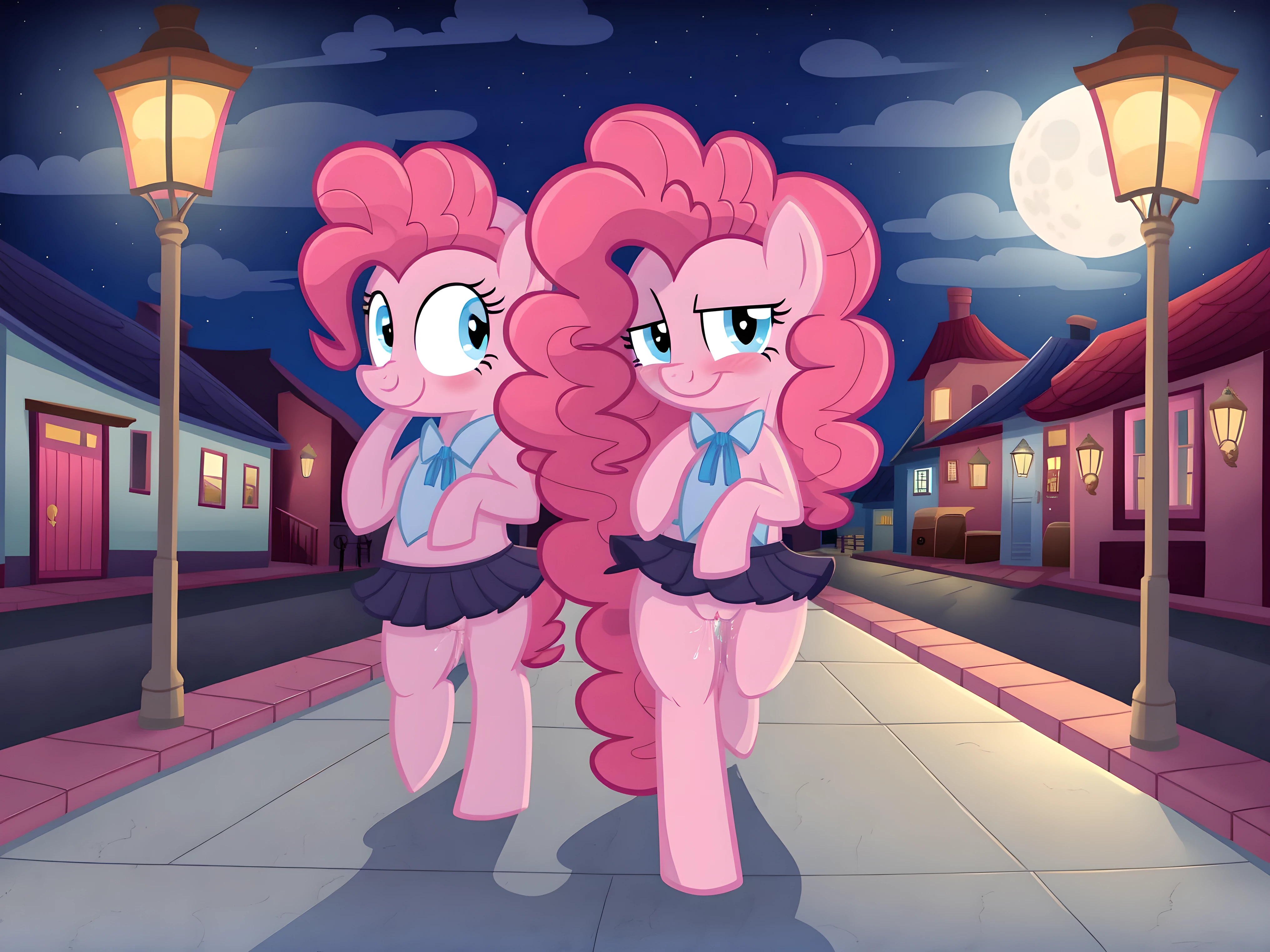 Pinkie pie, pony, walking, butt, skirt, pussy, pussy juice, buttplug, looking at the viewer, smirk, seductive, blush, in the village, in public, everyone walking around, evening, street lamps, foggy, moon, clouds