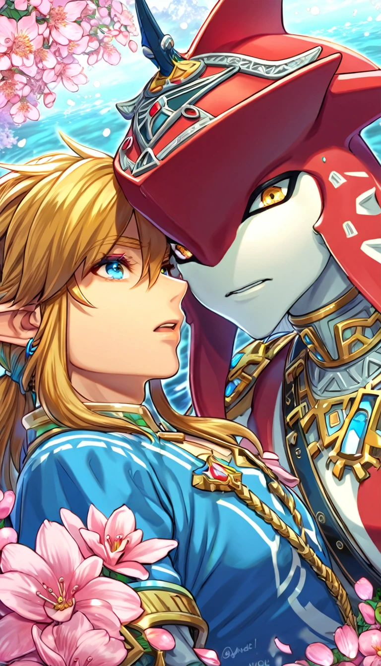absurdres, highres, ultra detailed, HDR, master piece, best quality, perfect face, delicated features, red Zora, Sidon, expressive yellow eyes, The Legend Of Zelda Breath Of The Wild, Link, expressive blue eyes, blond hair, two sexy men together, blue tunic, prince clothes, gay couple, yaoi, handsome, zora domain, pink blossoms, pink flowers, water, fantasy