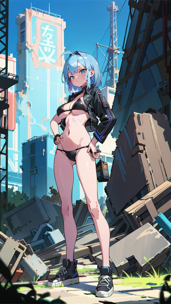 Masterpiece, best quality, Masterpiece, best quality, 1 woman , blue eyes , blue bob hair , black leather jacket , sly face , smile , bikini , abdomen, big breasts , Long legs , canvas shoes , Put your hands on your hips. , abandoned factory , at night