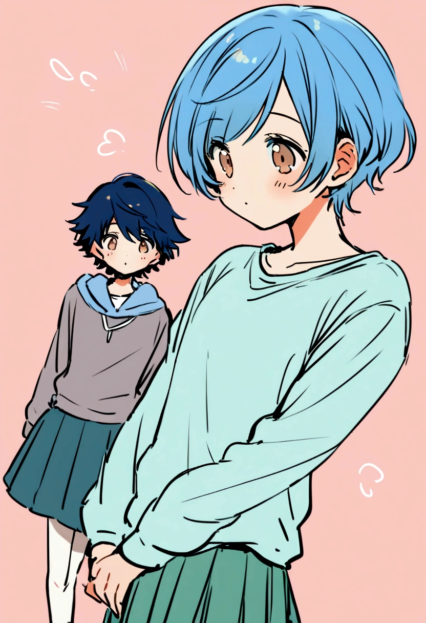fly away,short blue hair,anMeninaime,wearing sweatshirt and skirt,Light brown eyes,1,68 tall, 18-years old