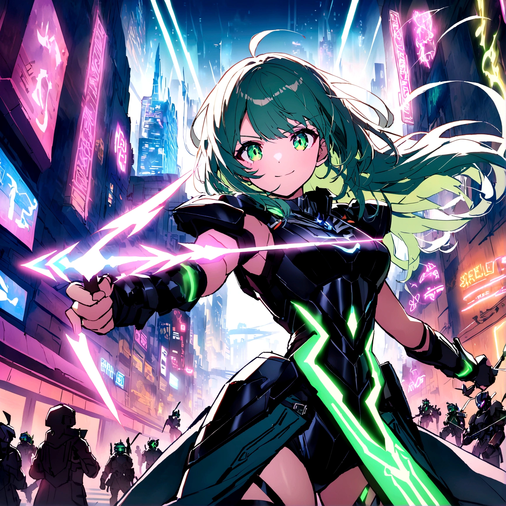 An anime girl with flowing emerald green hair,She's dressed in sleek black mech gear,In the background of the futuristic cyberpunk city。She was armed with a bow and arrow,A determined expression,Surrounded by neon lights、Cityscape with vivid colors and dramatic lighting,The overall style is full of charm and energy。 (cyberpunk:1.3) (mecha aesthetic:1.2) (anime girl:1.4), (flowing emerald green hair:1.2), (sleek black mecha armor:1.2), (futuristic cyberpunk cityscape:1.3), (high-angle shot:1.2), (gripping bow and arrow:1.3), (determined expression:1.2), (neon lights:1.3), (vivid colors:1.2), (dramatic lighting:1.2), (Konachan-style:1.1), (4K wallpaper:1.2), (captivating energy:1.2)