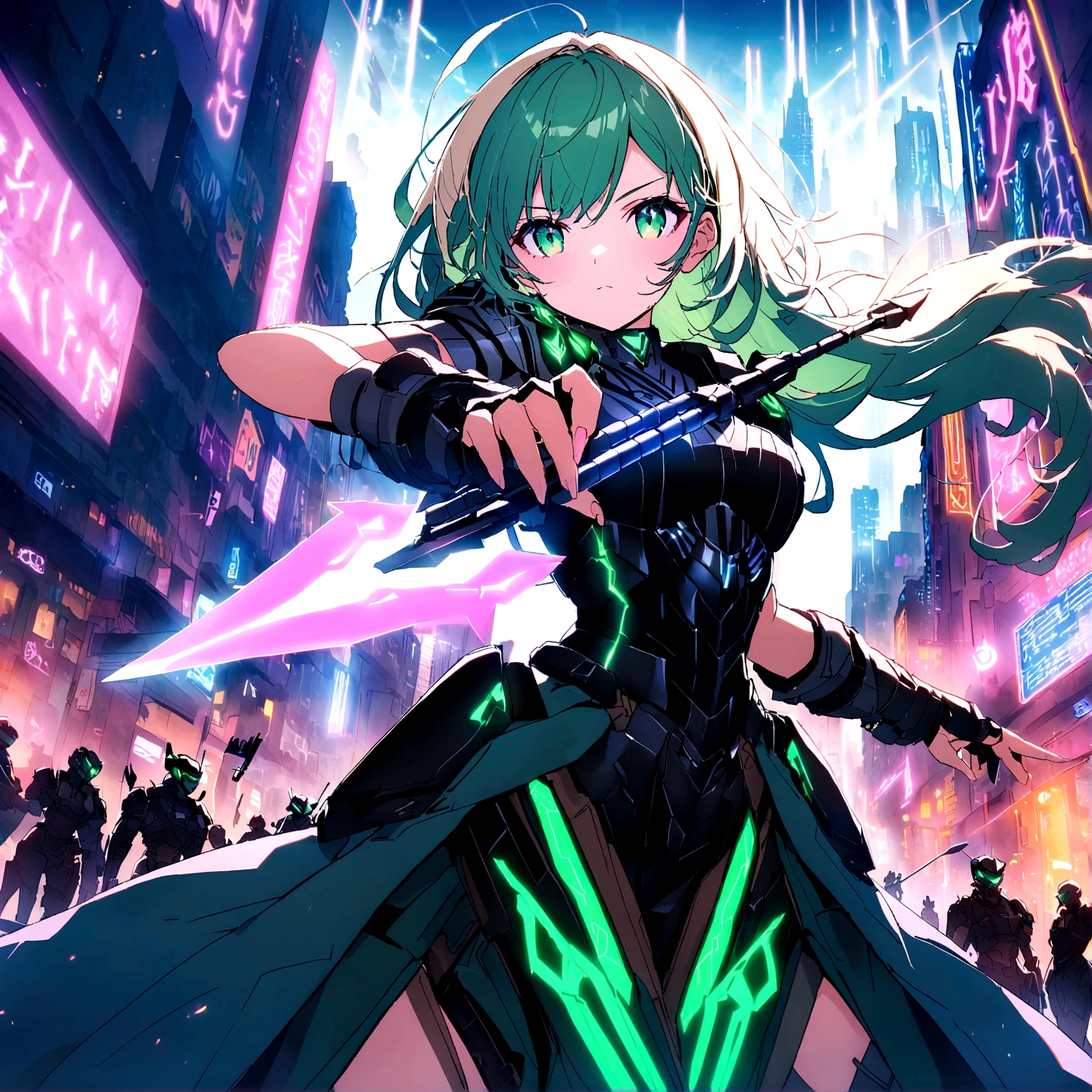 An anime girl with flowing emerald green hair，She&#39;s dressed in sleek black mech gear，In the background of the futuristic cyberpunk city。She was armed with a bow and arrow，A determined expression，Surrounded by neon lights、Cityscape with vivid colors and dramatic lighting，The overall style is full of charm and energy。 (cyberpunk:1.3) (mecha aesthetic:1.2) (anime girl:1.4), (flowing emerald green hair:1.2), (sleek black mecha armor:1.2), (futuristic cyberpunk cityscape:1.3), (high-angle shot:1.2), (gripping bow and arrow:1.3), (determined expression:1.2), (neon lights:1.3), (vivid colors:1.2), (dramatic lighting:1.2), (Konachan-style:1.1), (4K wallpaper:1.2), (captivating energy:1.2)

