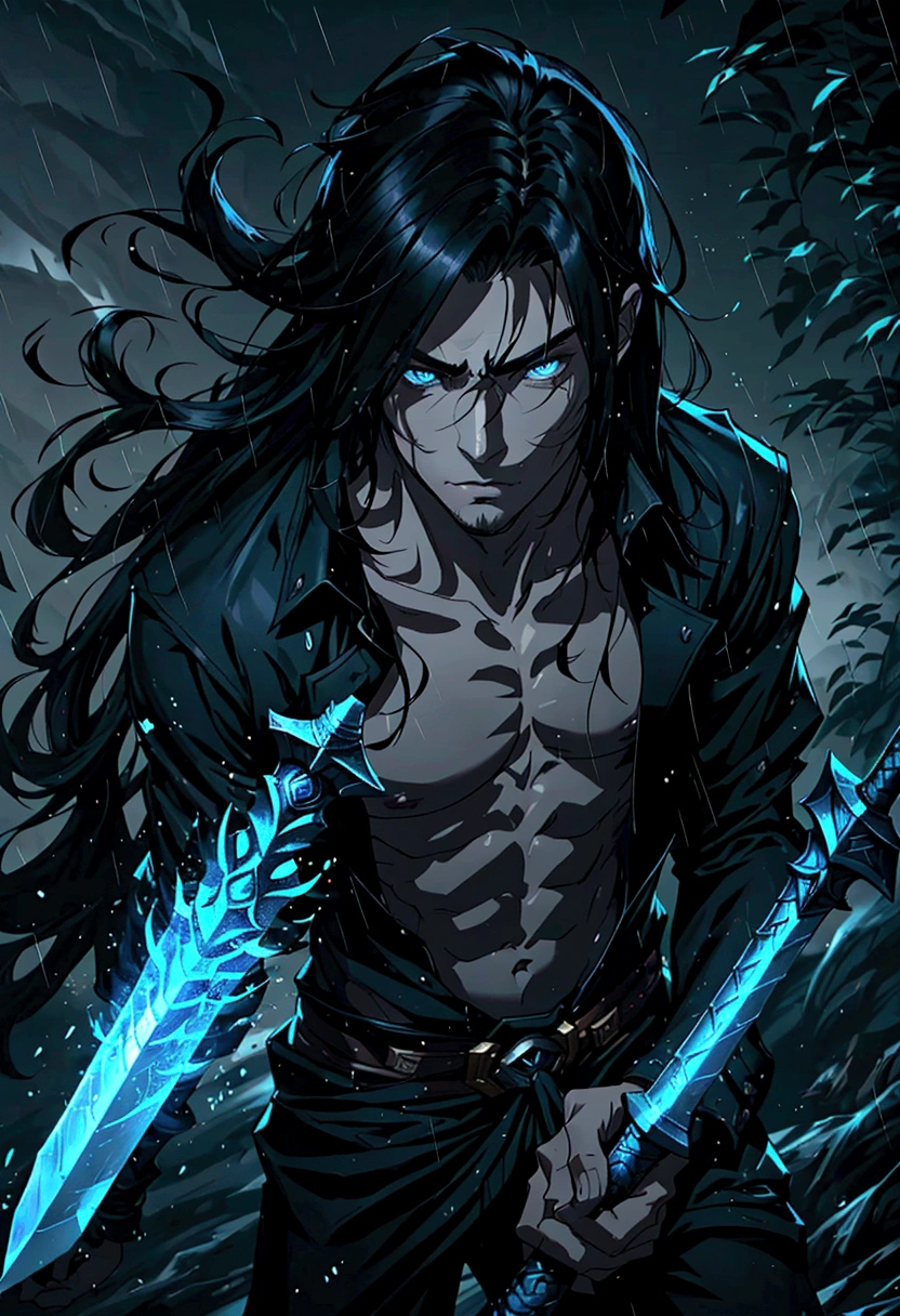 League of Legends Yasso characters, Handsome and delicate face, Armed with a sword, Yasuo uses his sword to blow the wind, Scene in rainy sky, Gray, Ultra-high resolution, 8k. Long flowing black hair, Handsome and stylish, Only a sharp sword