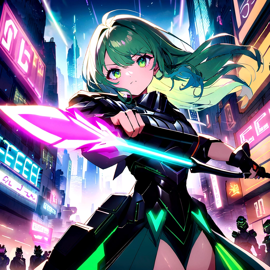 An anime girl with flowing emerald green hair,She's dressed in sleek black mech gear,In the background of the futuristic cyberpunk city。She was armed with a bow and arrow,A determined expression,Surrounded by neon lights、Cityscape with vivid colors and dramatic lighting,The overall style is full of charm and energy。 (cyberpunk:1.3) (mecha aesthetic:1.2) (anime girl:1.4), (flowing emerald green hair:1.2), (sleek black mecha armor:1.2), (futuristic cyberpunk cityscape:1.3), (high-angle shot:1.2), (gripping bow and arrow:1.3), (determined expression:1.2), (neon lights:1.3), (vivid colors:1.2), (dramatic lighting:1.2), (Konachan-style:1.1), (4K wallpaper:1.2), (captivating energy:1.2)