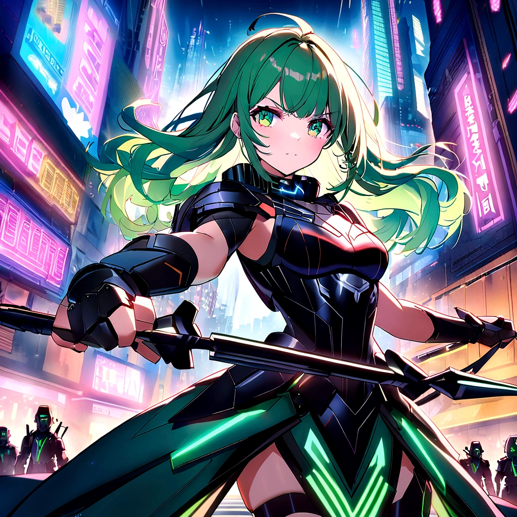 An anime girl with flowing emerald green hair,She's dressed in sleek black mech gear,In the background of the futuristic cyberpunk city。She was armed with a bow and arrow,A determined expression,Surrounded by neon lights、Cityscape with vivid colors and dramatic lighting,The overall style is full of charm and energy。 (cyberpunk:1.3) (mecha aesthetic:1.2) (anime girl:1.4), (flowing emerald green hair:1.2), (sleek black mecha armor:1.2), (futuristic cyberpunk cityscape:1.3), (high-angle shot:1.2), (gripping bow and arrow:1.3), (determined expression:1.2), (neon lights:1.3), (vivid colors:1.2), (dramatic lighting:1.2), (Konachan-style:1.1), (4K wallpaper:1.2), (captivating energy:1.2)