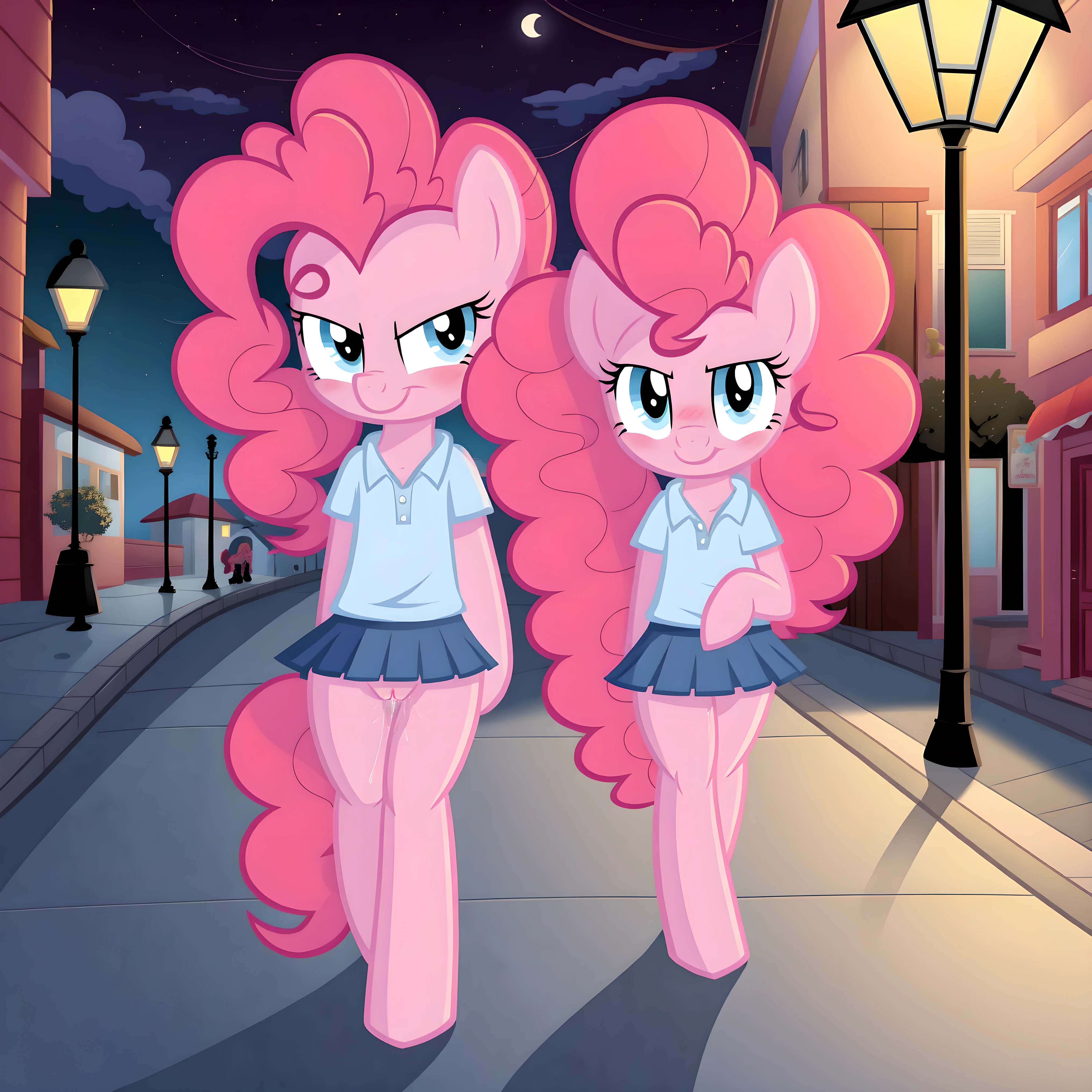 Pinkie pie, pony, walking,  skirt, pussy, pussy juice, buttplug, looking at the viewer, smirk, seductive, blush, in the village, in public, everyone walking around, evening, street lamps, foggy, moon, clouds