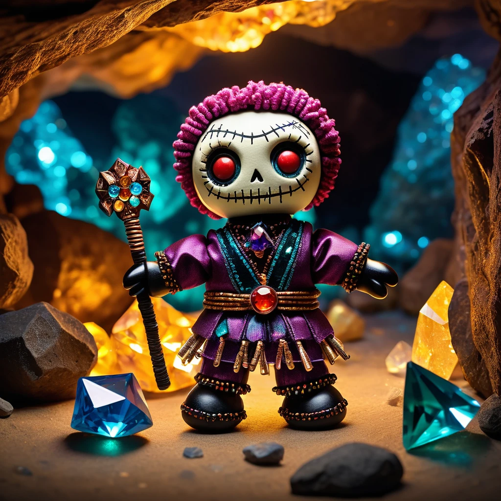 (knitted toy voodoo doll:1.5), (Voodoo Doll in a Gemstone Cave:1.3), (Clothing: miner's attire with gemstone patterns:1.0), (Accessories: enchanted pickaxe emitting radiant light, floating precious gems:1.1), (background: glittering cave with sparkling gemstones, shimmering crystals, and glowing minerals:1.2), best quality, masterpiece, detailed soft oil painting, detailed background, dramatic cinematic lighting, soft edge lighting, professional, dramatic lighting, hard edge lighting, ultra quality, 4k,masterpiece, best quality, 8k, ultra highres, highres, extremely detailed