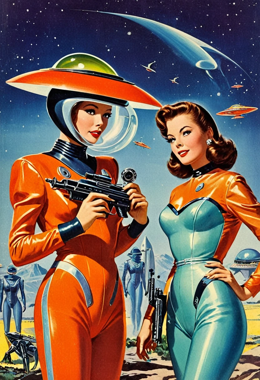 Retro futuristic, ((retro futurism)), ((Science fiction)), 1950s, (((1960s))), 1970s, (alien women),