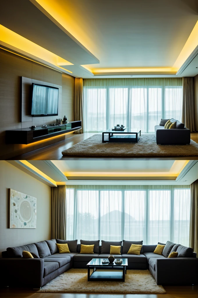 house interior , drawing room scene , ultra detailed fantasy,galaxy design sky visible out side of the window , futuristic alien technology house design, sofhesticated design , luxury design , luxury furniture , big sofa set in the room , big led tv hanging in the wall facing sofa set , rectangular pool behind sofa , greenry outside of the house , large glass window , dim yellow light glowing everywhere in the room , realistic, behance hd, night time , master piece