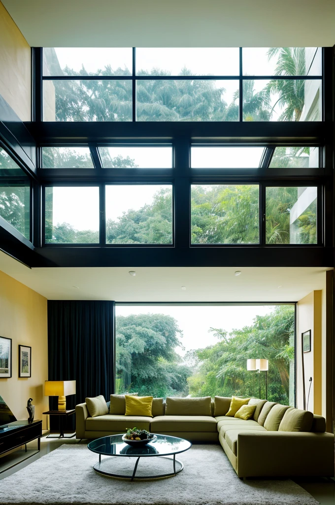 house interior , drawing room scene , ultra detailed fantasy,galaxy design sky visible out side of the window , futuristic alien technology house design, sofhesticated design , luxury design , luxury furniture , big sofa set in the room , big led tv hanging in the wall facing sofa set , rectangular pool behind sofa , greenry outside of the house , large glass window , dim yellow light glowing everywhere in the room , realistic, behance hd, night time , master piece