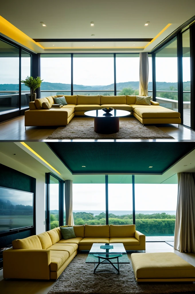 house interior , drawing room scene , ultra detailed fantasy,galaxy design sky visible out side of the window , futuristic alien technology house design, sofhesticated design , luxury design , luxury furniture , big sofa set in the room , big led tv hanging in the wall facing sofa set , rectangular pool behind sofa , greenry outside of the house , large glass window , dim yellow light glowing everywhere in the room , realistic, behance hd, night time , master piece