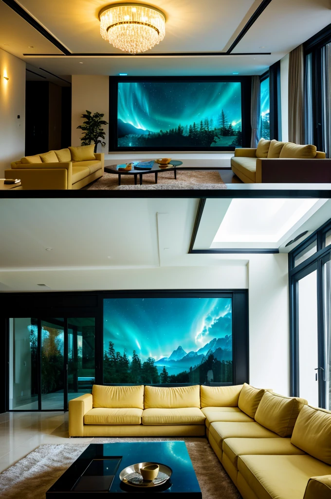 house interior , drawing room scene , ultra detailed fantasy,galaxy design sky visible out side of the window , futuristic alien technology house design, sofhesticated design , luxury design , luxury furniture , big sofa set in the room , big led tv hanging in the wall facing sofa set , rectangular pool behind sofa , greenry outside of the house , large glass window , dim yellow light glowing everywhere in the room , realistic, behance hd, night time , master piece