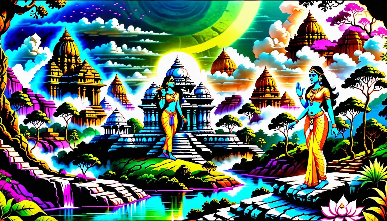 Epic panoramic scene of Rama and Sita in a lush, mythical Indian landscape, stylized animation, vibrant colors, ancient temples in background, cinematic lighting