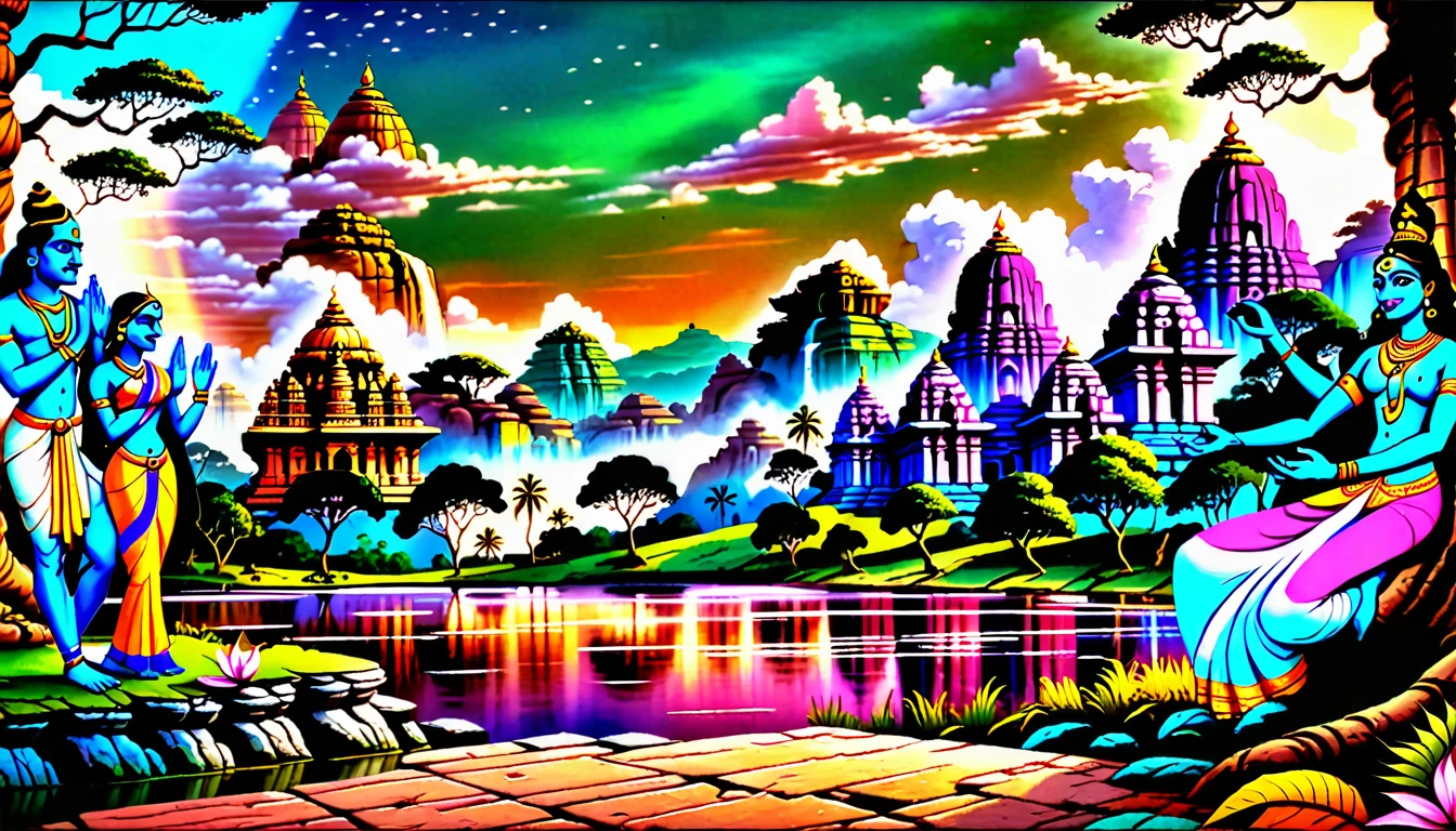 Epic panoramic scene of Rama and Sita in a lush, mythical Indian landscape, stylized animation, vibrant colors, ancient temples in background, cinematic lighting